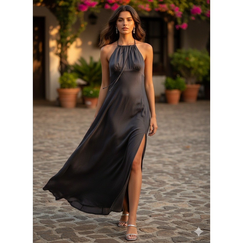 Free People Intimately Grey Halter Maxi Dress Crochet Trim Side Slit L